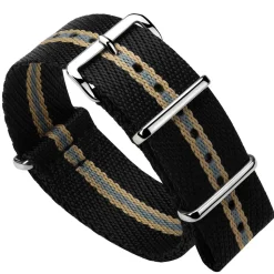 DUCKWORTH PRESTEX – Black NATO Watch Strap with Sand and Grey Stripe DPBNSG