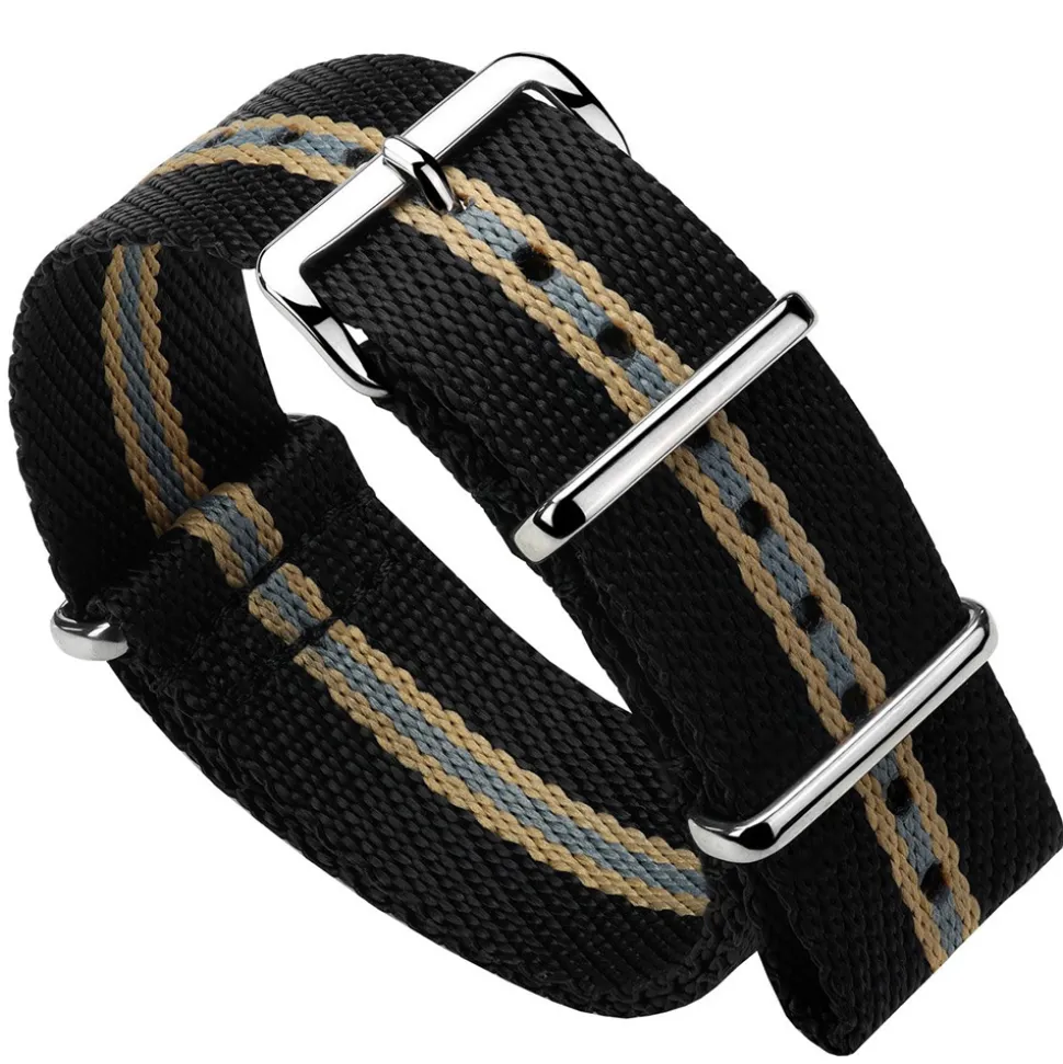 DUCKWORTH PRESTEX – Black NATO Watch Strap with Sand and Grey Stripe DPBNSG