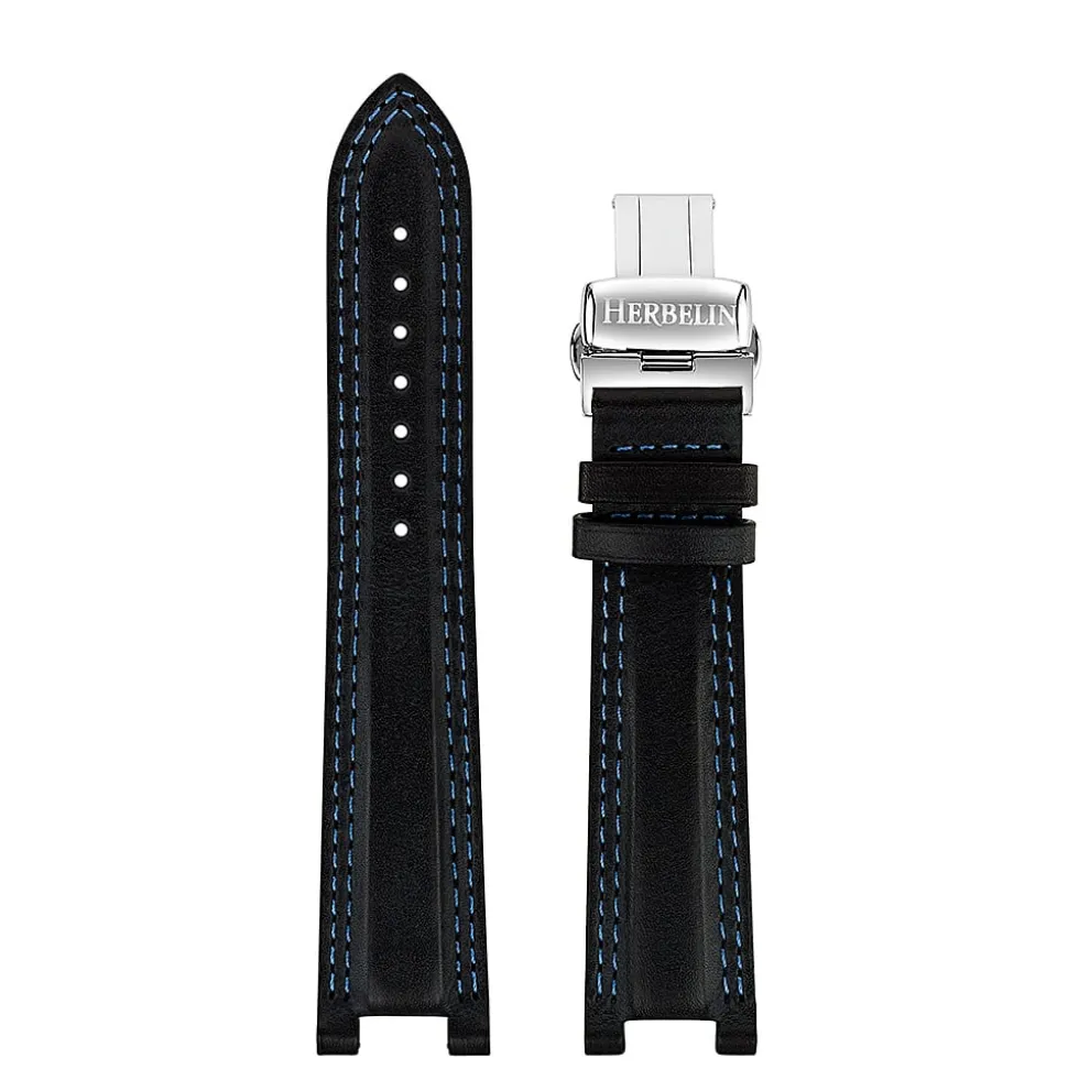 MICHEL HERBELIN – Black Leather Blue Stitched Newport Strap 21mm 36655 – 21E655 NOBL 18